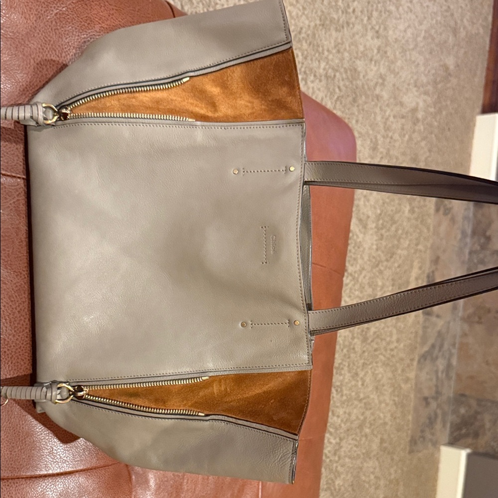 Chloe Milo Medium Motty Elegant Gray and Brown Leather Tote Bag